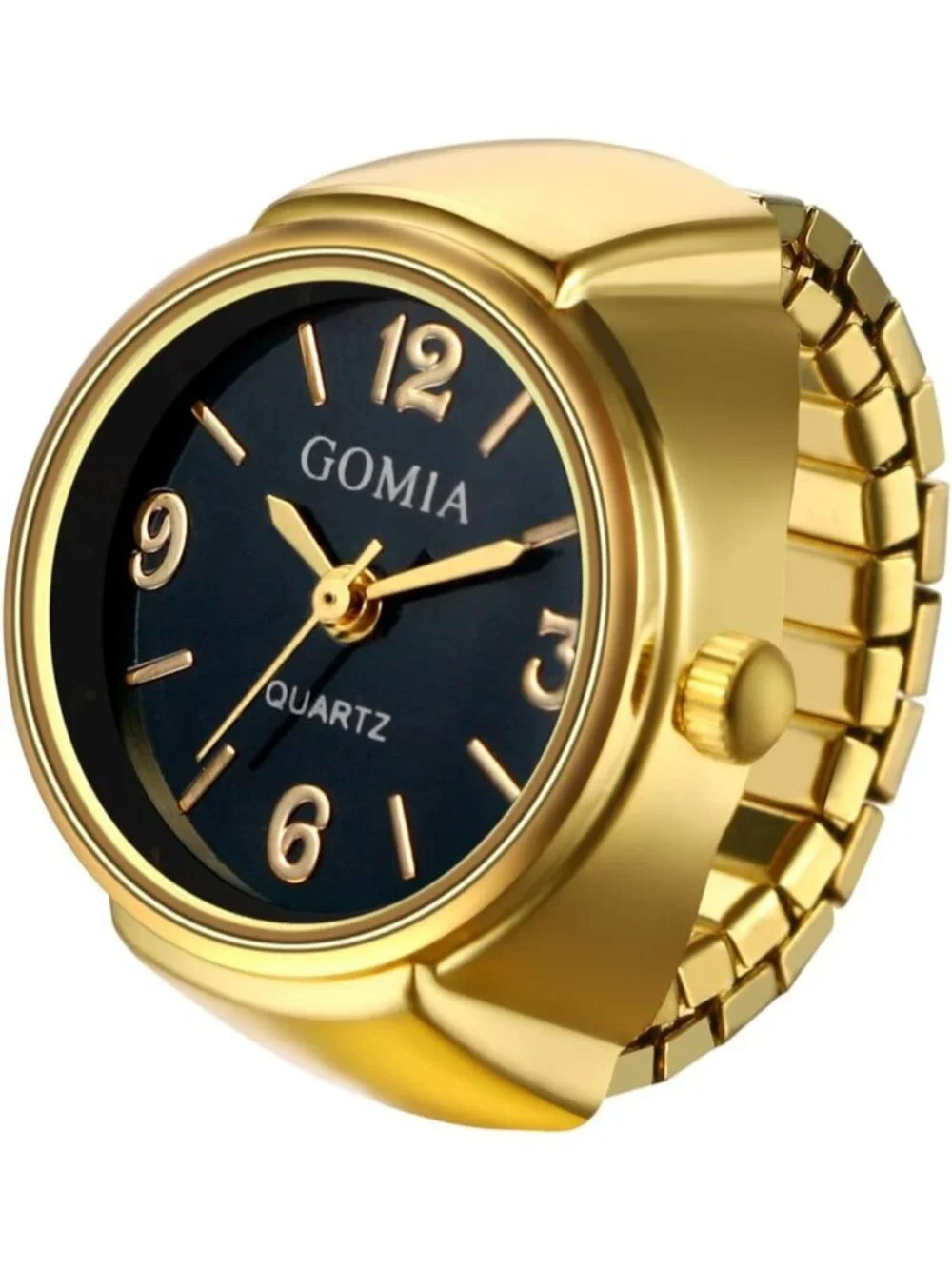 Unisex Gold And Black Analog Stretchy Elastic Band Analogue Finger Ring Watch